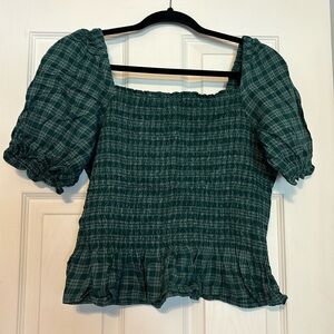 Green plaid peplum top with puff sleeves